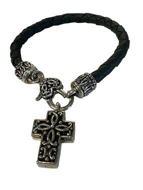 Black Braided Leather Bracelet Ornate Cross Pendant Heart Accent Religious